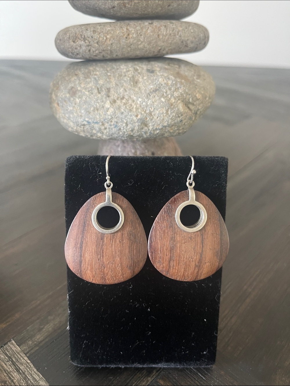 Silpada Wood Teardrop Dangle Earrings in Dark Brown wood with Silver Accents